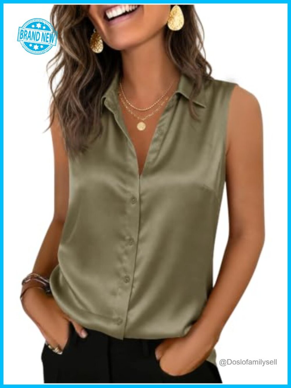 Satin Sleeveless Button Down Blouse Collared V-Neck Work Top